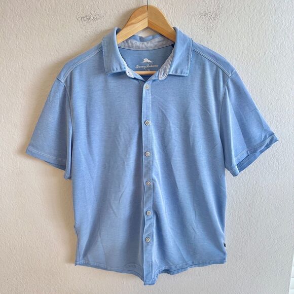 TOMMY BAHAMA Blue Edgartown Polo Knit Button-Up Stretch Golf Shirt Mens Large - Picture 1 of 7